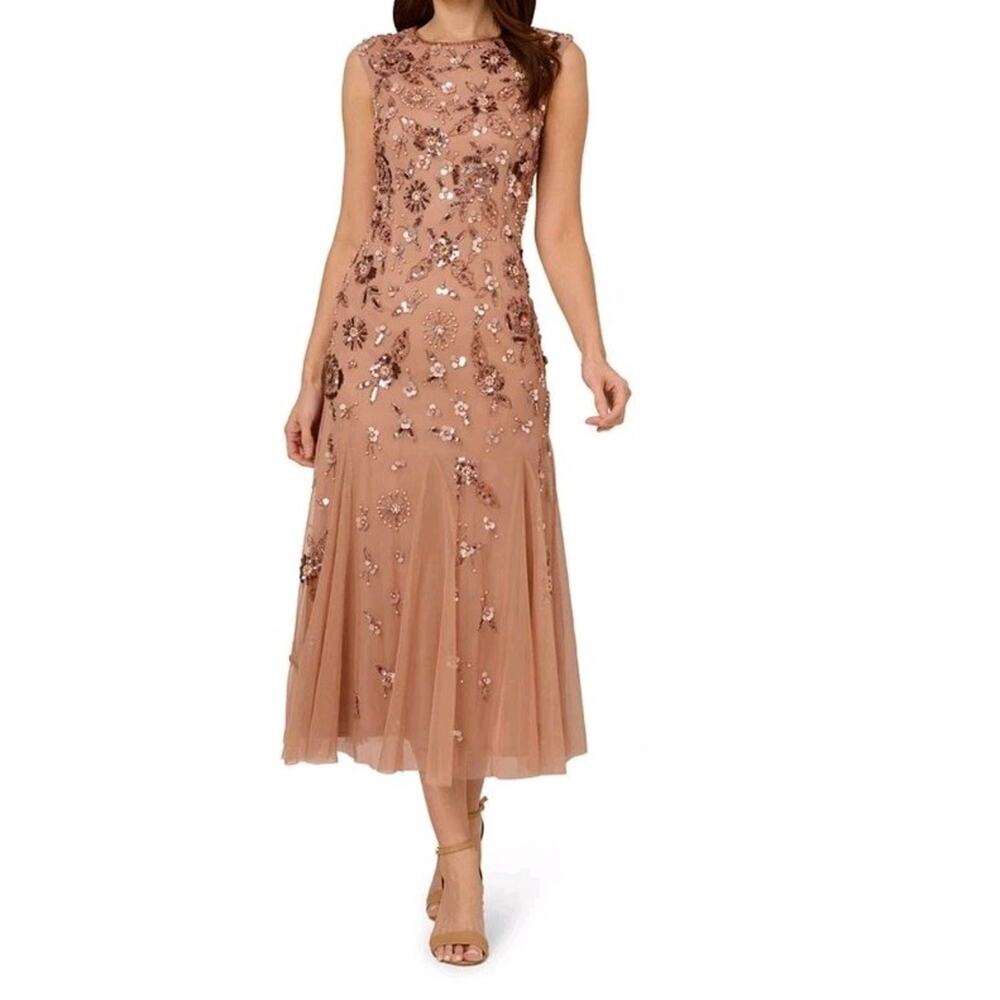 Adrianna Papell Beaded Mesh Boat Neck Cap Sleeve Embellished Floral Dress Sz 12P